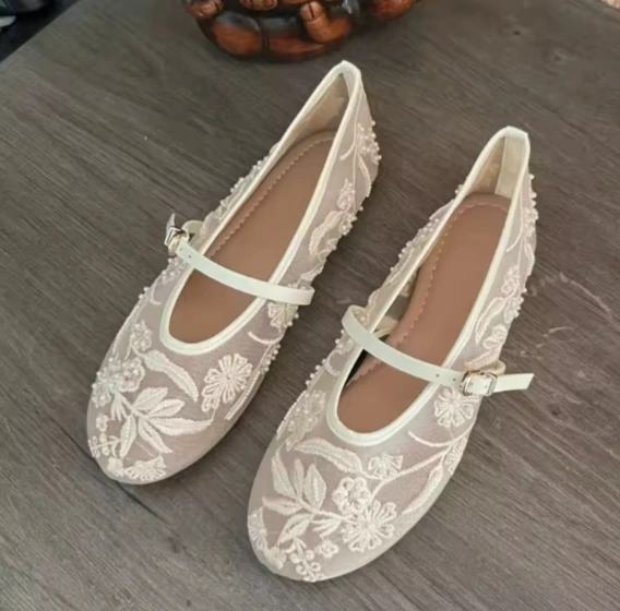 Women's Ballet Flats Ballerina Shoes 2025 Summer New White Mary Jane Comfortable Embroidered Mesh Buckle Strap Elegant