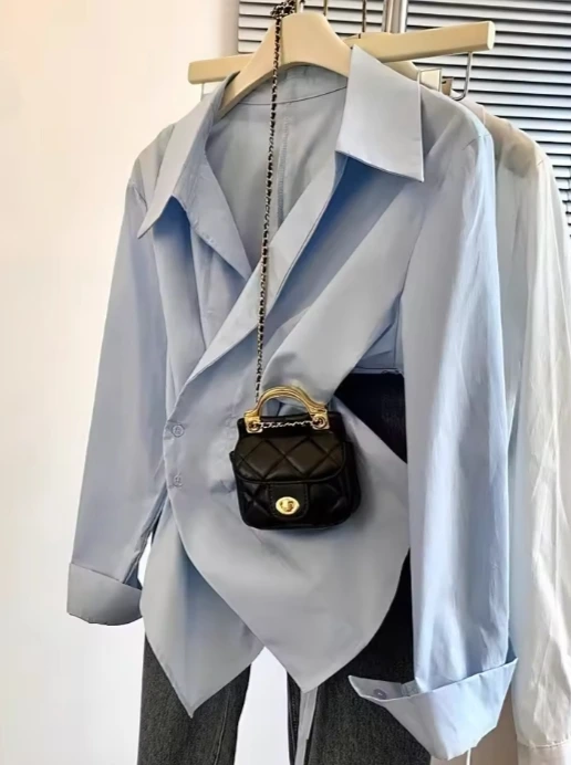 Designer Irregular Long sleeve Polo Shirt Women Tunic White Elegant Basic Top Blouse Ladies Fashion Work Wear Shirts