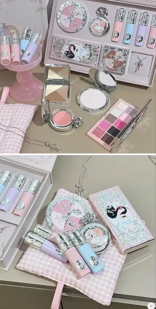 NICEKEY Pink Ballet Makeup Sets Include 4 Lip Mud,1 Blush,1 Pressed Powder,1 Eyes Palette,1 Contour Palette With Necklace Gift