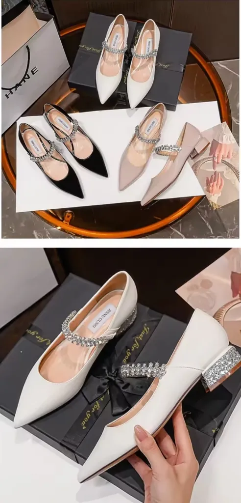 Women's Single-layer Shoes 2026Spring Fashion All-match Rhinestone Chain Mid-heel Chunky Heel Pointed Bridesmaid Mary Jane Pumps