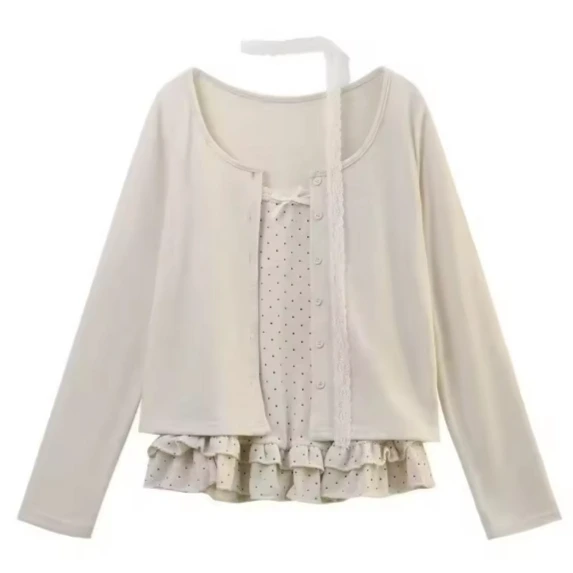 Women Korean Fashion Coquette Shoujo Girl Ballet Core Top Set 2000s Aesthetic T-Shirt Long Sleeve Tee Gyaru Design Vintage